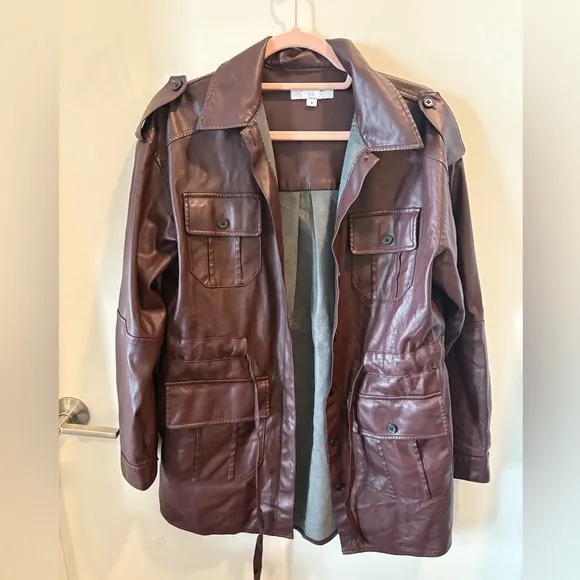 MARISSA WEBB $425 pleather trench coat jacket shacket in burgundy / brown small