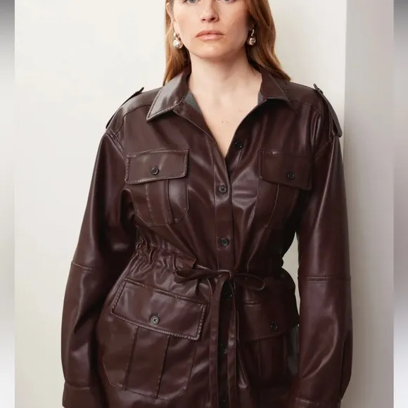 MARISSA WEBB $425 pleather trench coat jacket shacket in burgundy / brown small