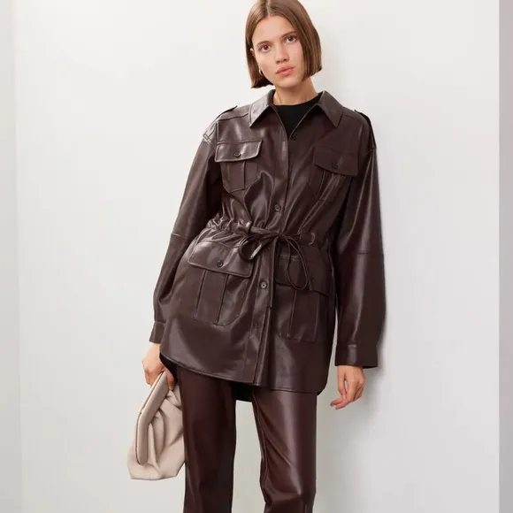 MARISSA WEBB $425 pleather trench coat jacket shacket in burgundy / brown small