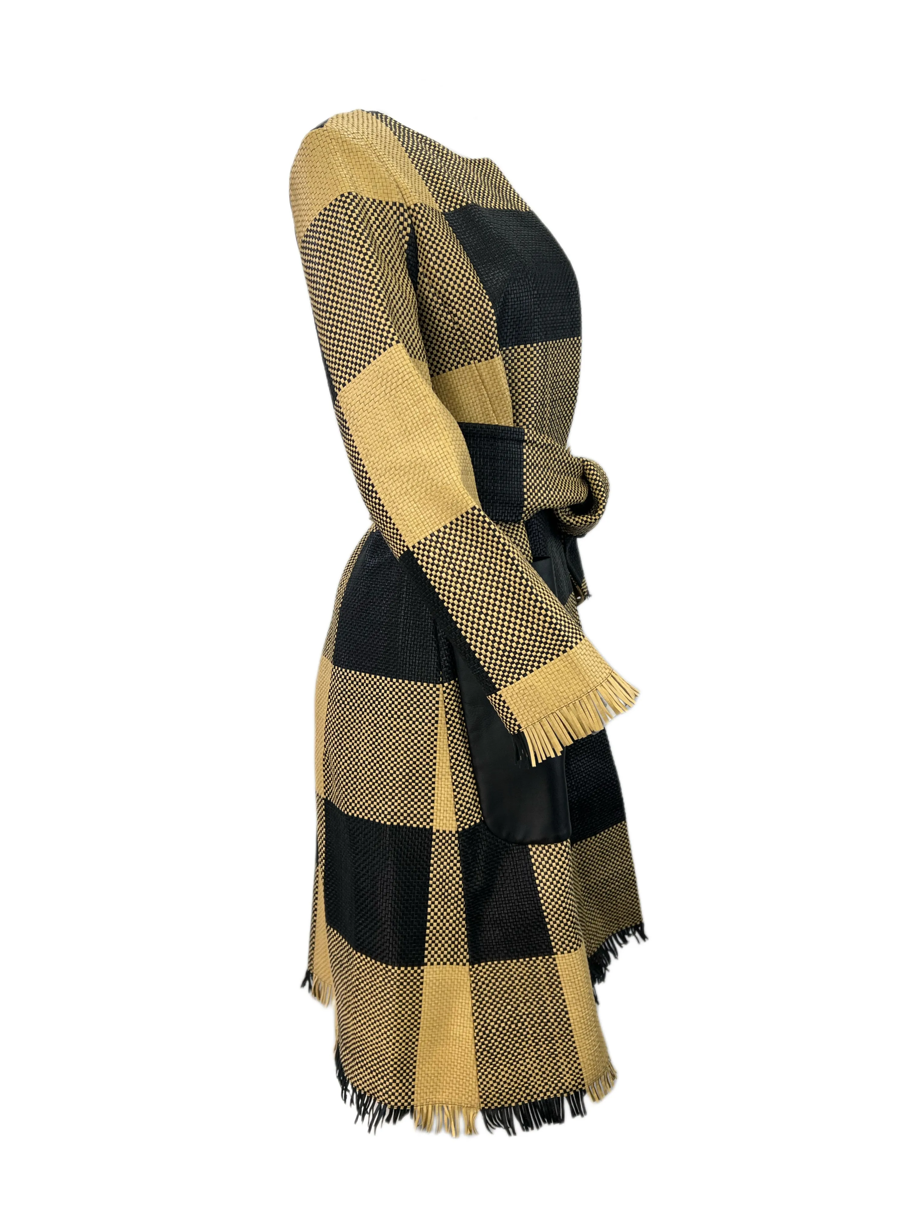 Max Mara Women's Nero Platani Leather Plaid Belted Coat Size 2 NWT