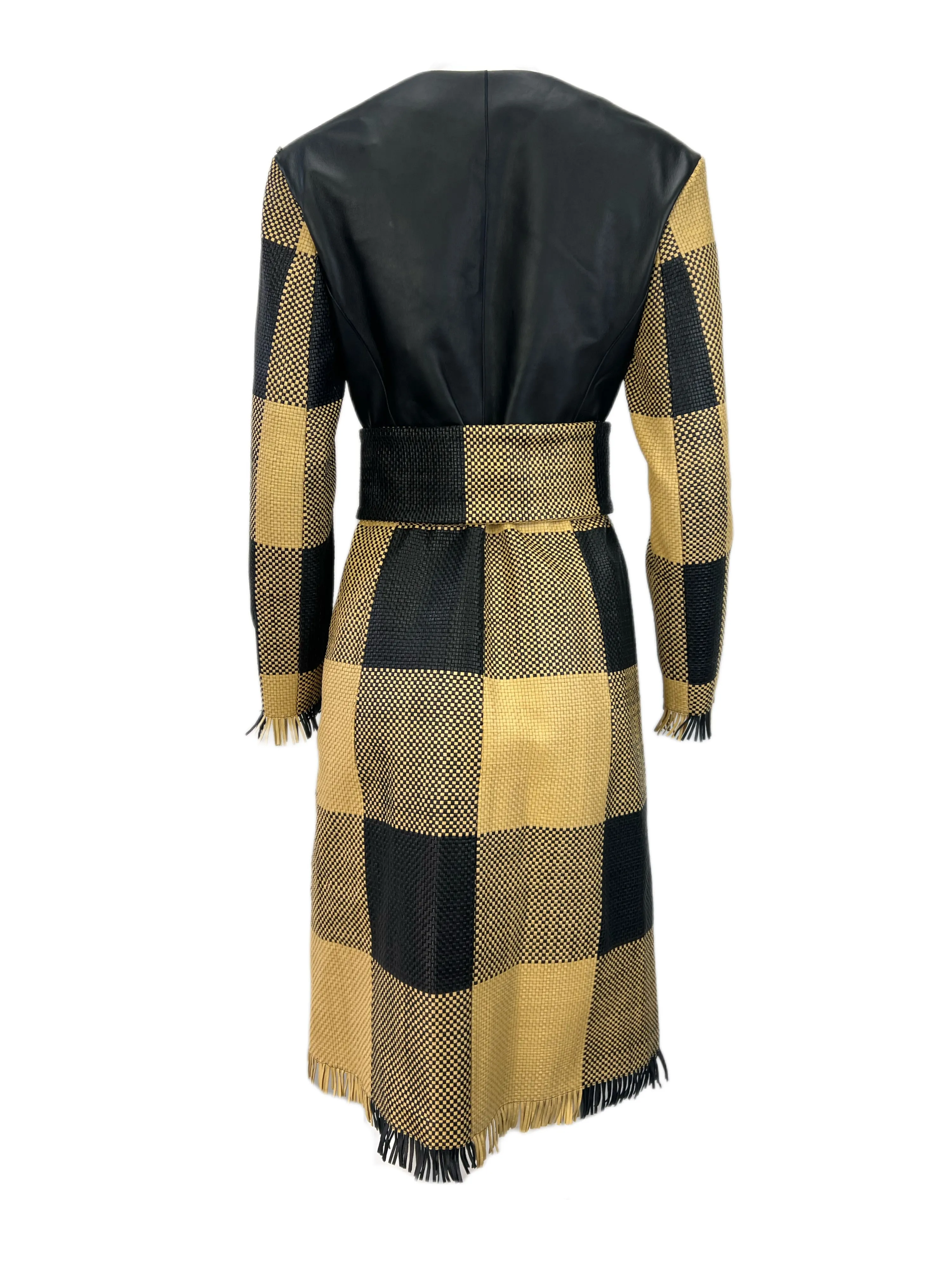 Max Mara Women's Nero Platani Leather Plaid Belted Coat Size 2 NWT