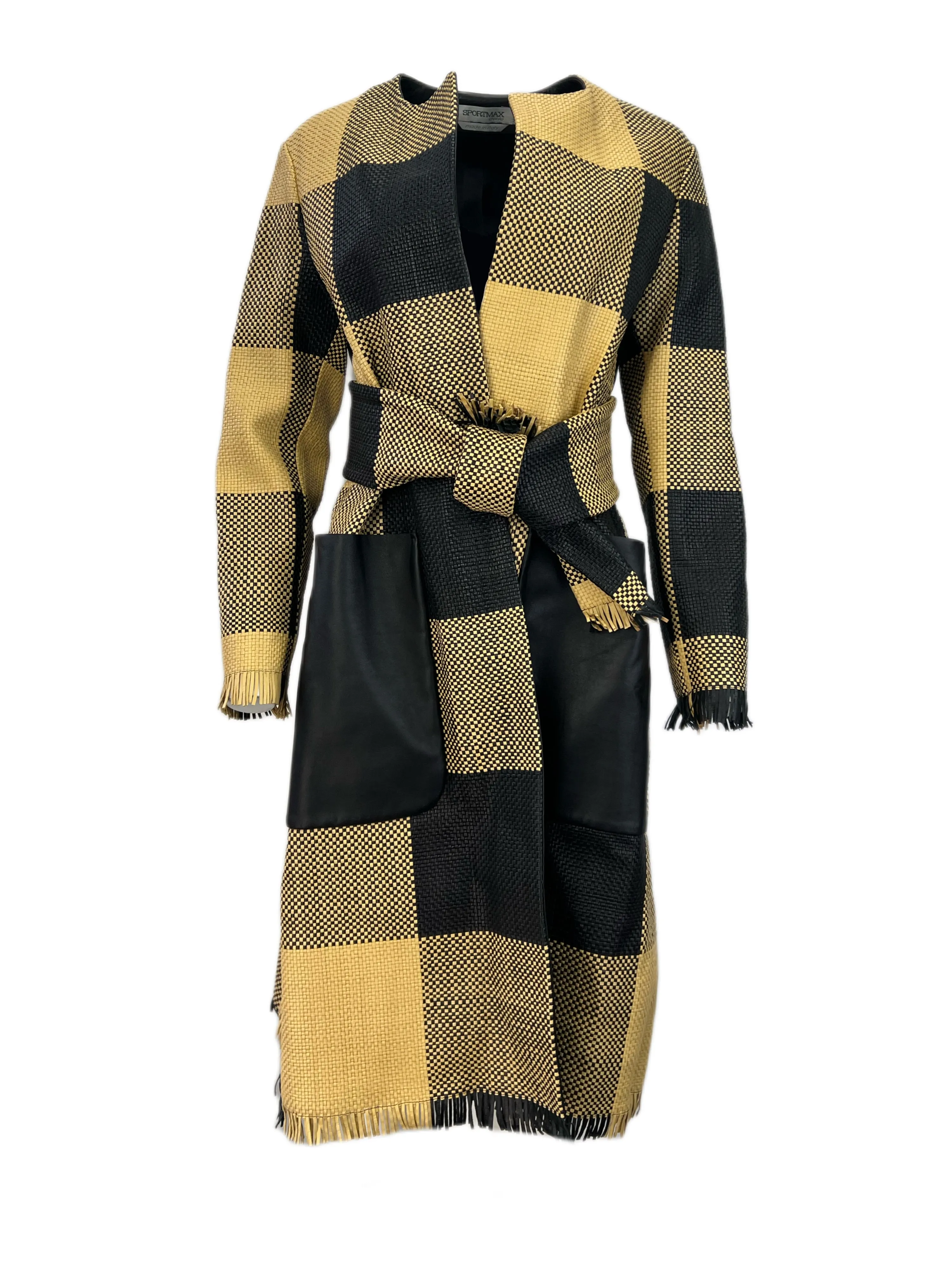 Max Mara Women's Nero Platani Leather Plaid Belted Coat Size 2 NWT