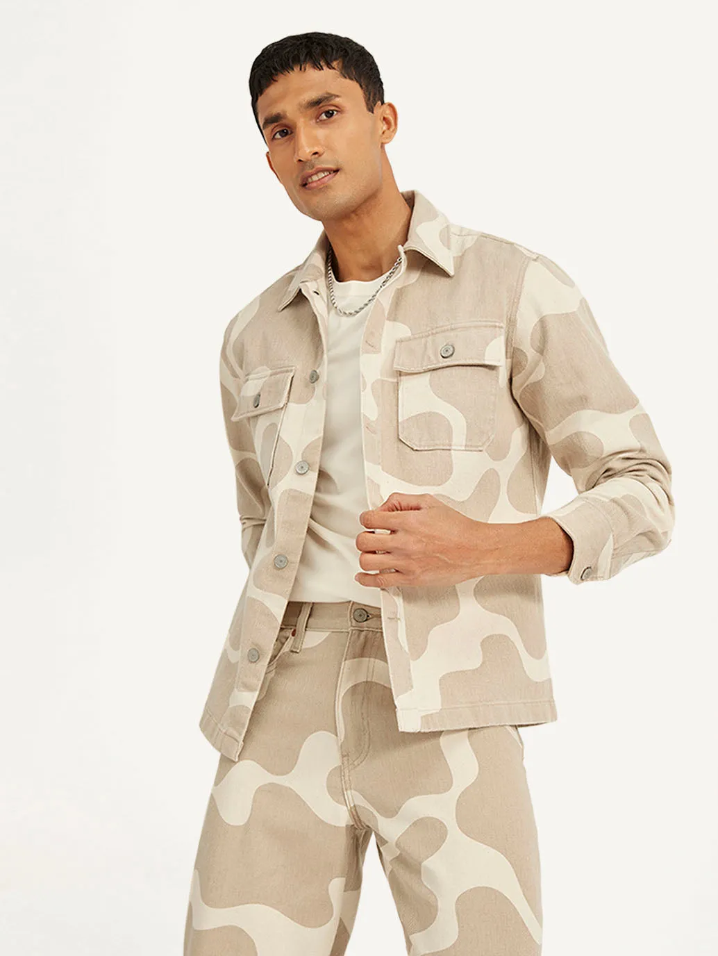 Men's Abstract Beige Relaxed Fit Utility Overshirt