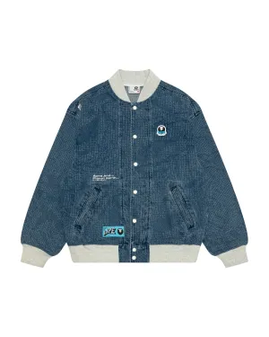 Moonface logo denim baseball jacket