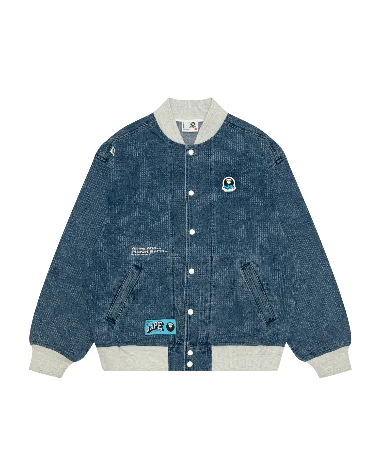 Moonface logo denim baseball jacket