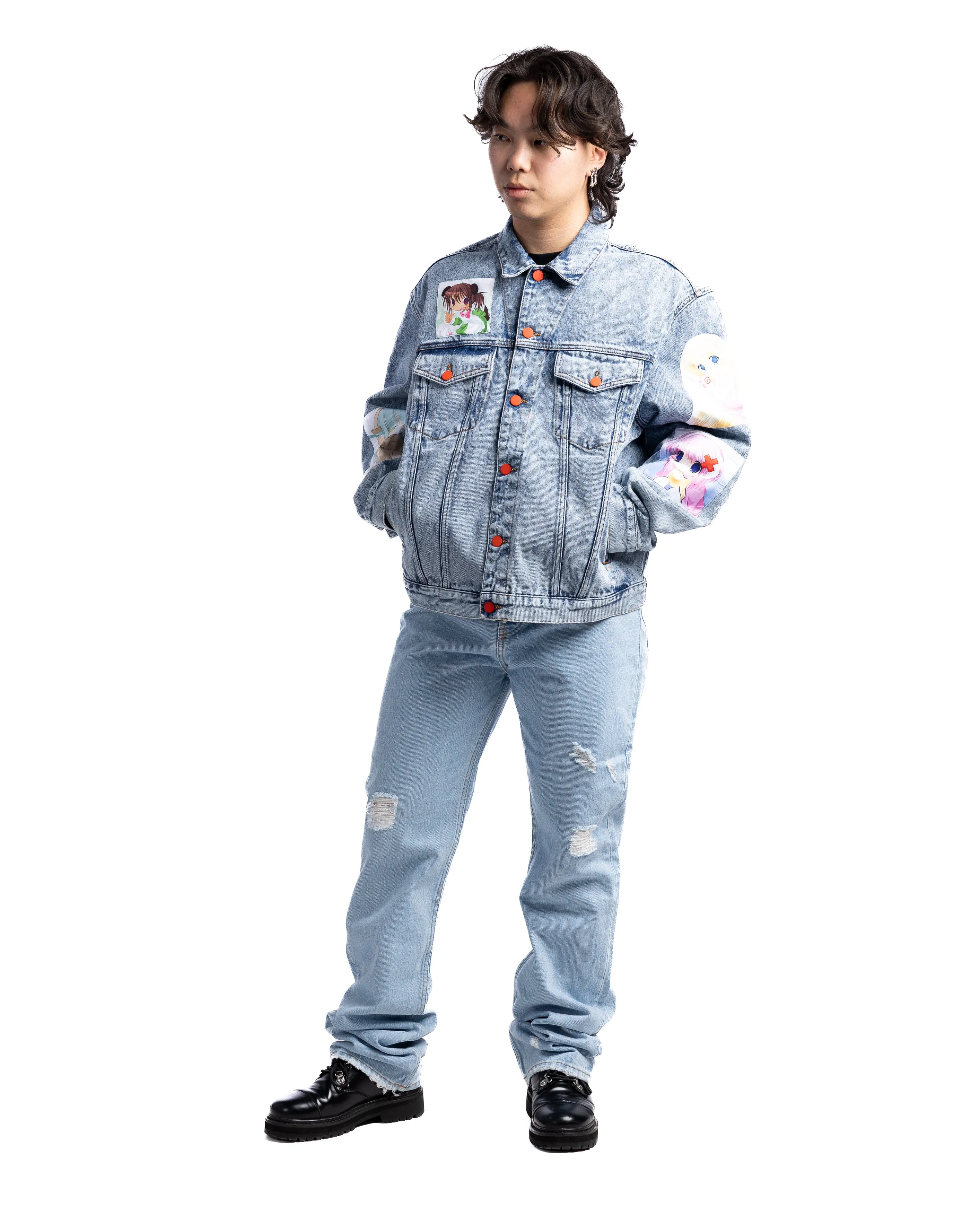 MOTR Oversized Anime Patches Denim Jacket Acid Wash