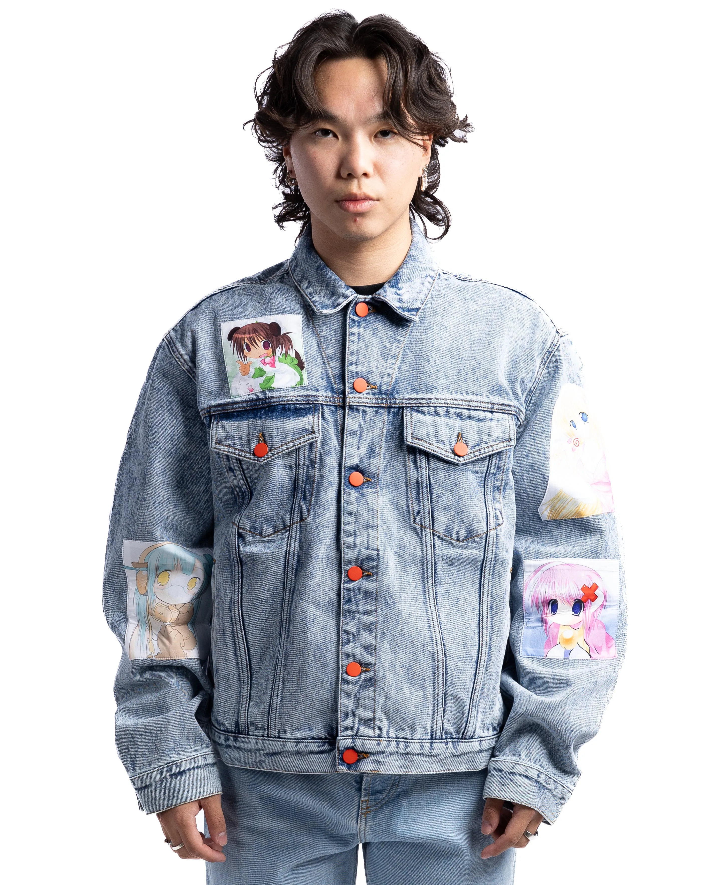 MOTR Oversized Anime Patches Denim Jacket Acid Wash