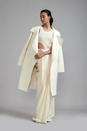 New Season Summer/Fall 2024-Coord Set Fringed Saree-Bodysuit-Jacket Cotton Offwhite-MT FR Jack Saree BS Coord Set-ML Offwhite 3pcs-Fashion Edit Mati