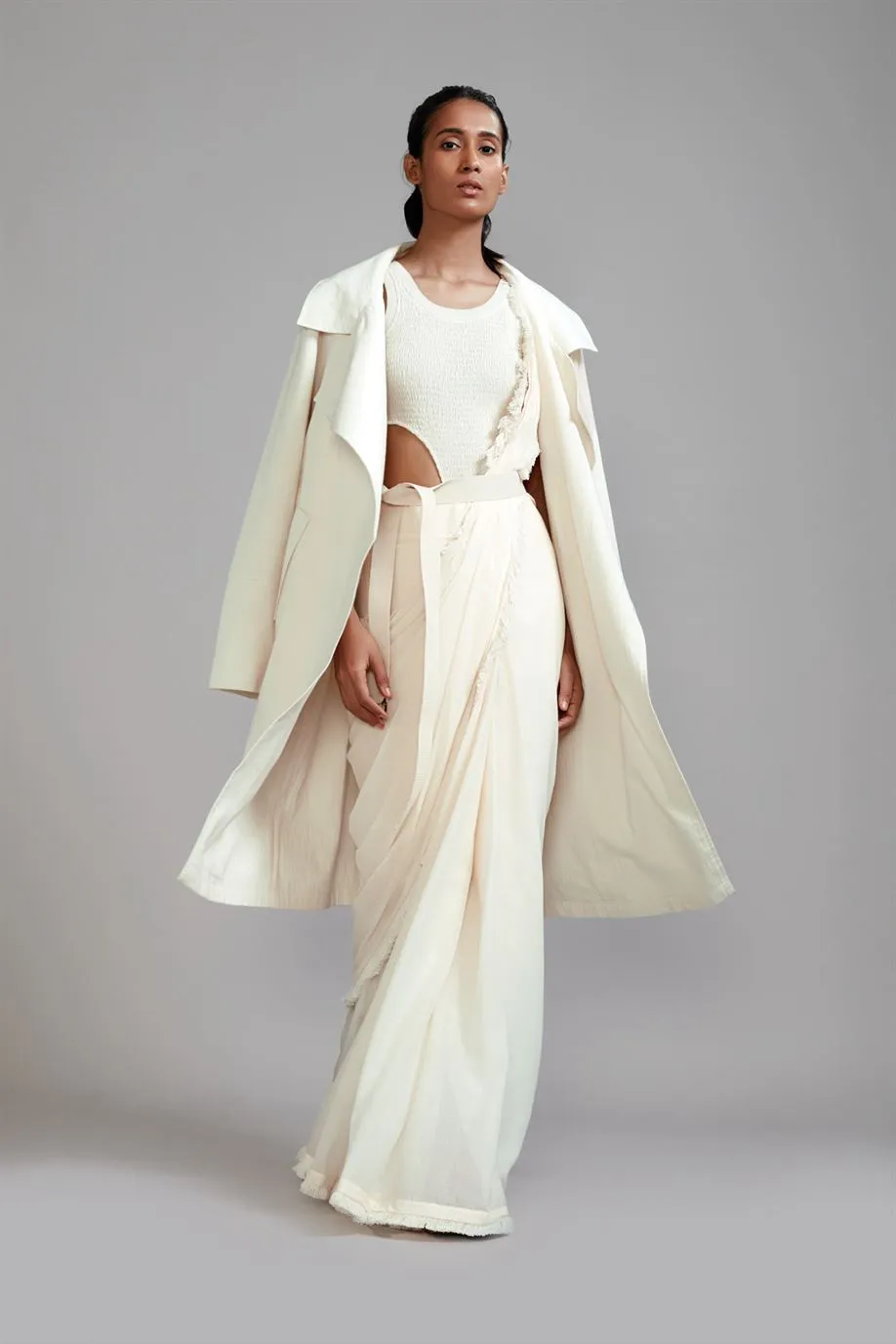 New Season Summer/Fall 2024-Coord Set Fringed Saree-Bodysuit-Jacket Cotton Offwhite-MT FR Jack Saree BS Coord Set-ML Offwhite 3pcs-Fashion Edit Mati