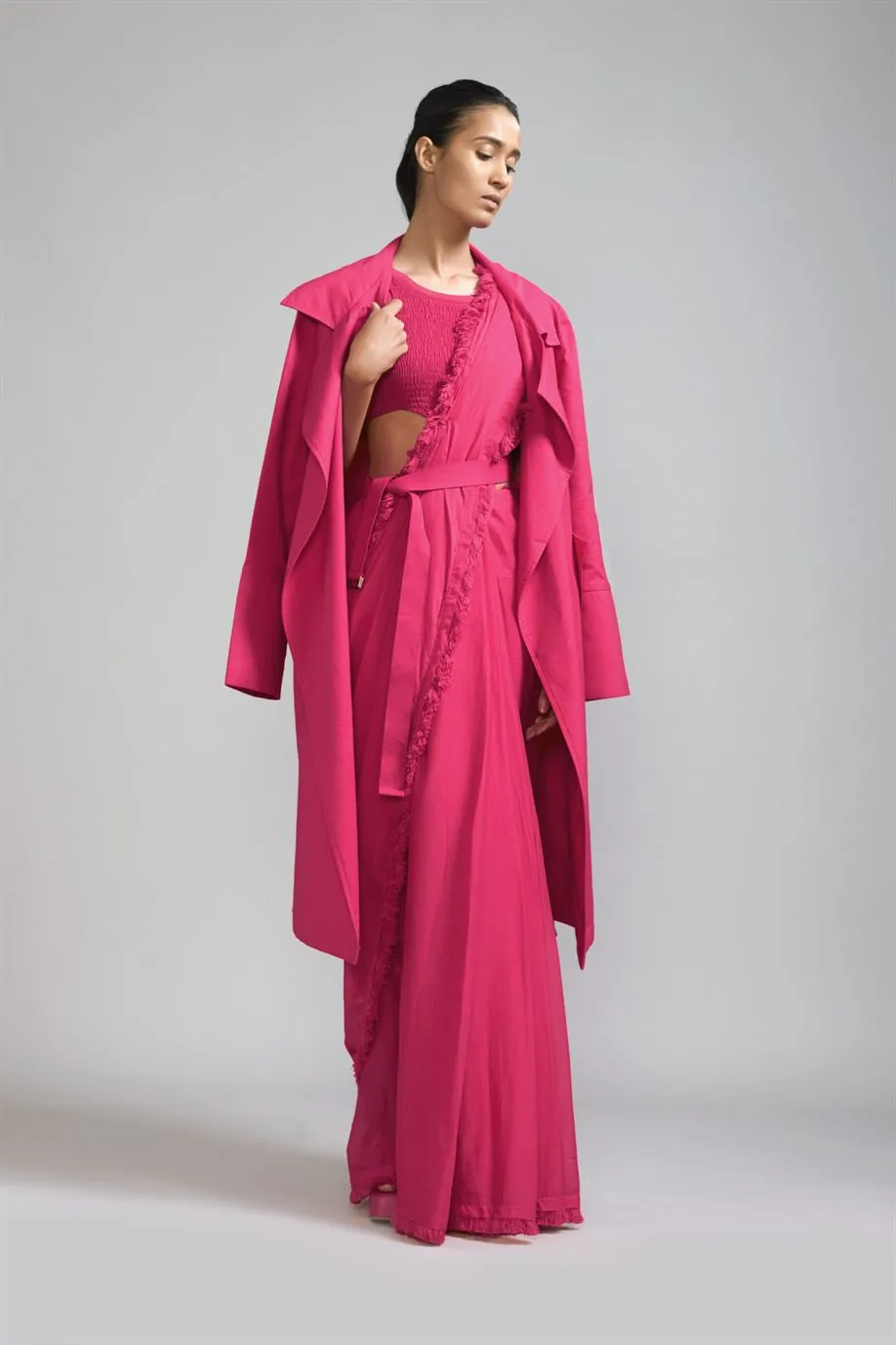 New Season Summer/Fall 2024-Coord Set Fringed Saree-Bodysuit-Jacket Cotton Pink-MT FR Jack Saree BS Corset-KA ML Pink 3pcs-Fashion Edit Mati