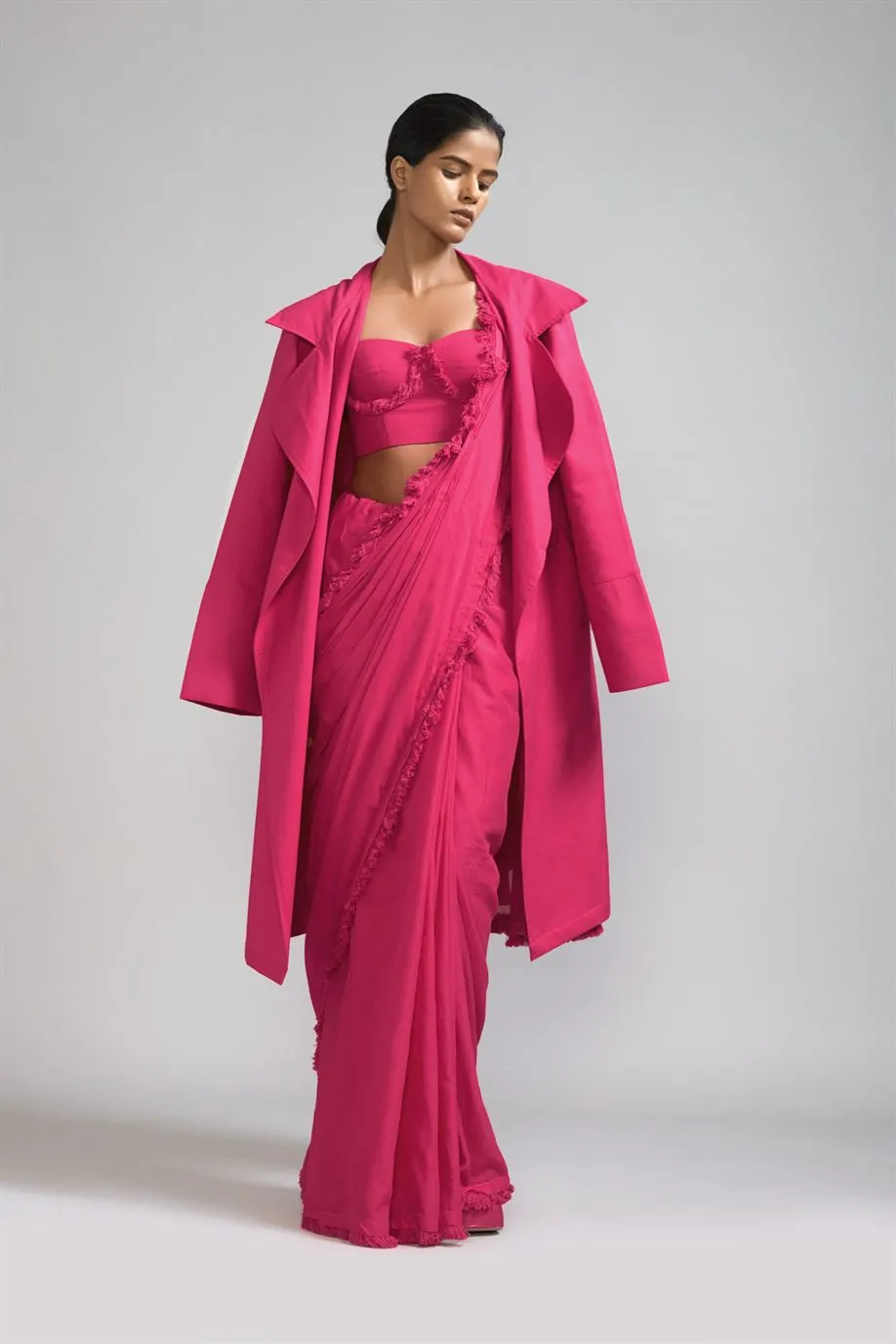 New Season Summer/Fall 2024-Coord Set Fringed Saree-Corset-Jacket Cotton Pink-MT FR Jack Saree Corset-KA ML Pink 3pcs-Fashion Edit Mati