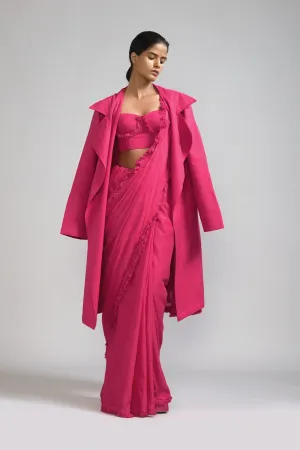 New Season Summer/Fall 2024-Coord Set Fringed Saree-Corset-Jacket Cotton Pink-MT FR Jack Saree Corset-KA ML Pink 3pcs-Fashion Edit Mati