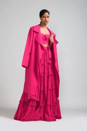 New Season Summer/Fall 2024-Coord Set Fringed Tiered Lehenga Jacket Cotton Pink-MT FR TR Jack Lehenga Coord Set-Pink 3pcs-Fashion Edit Mati