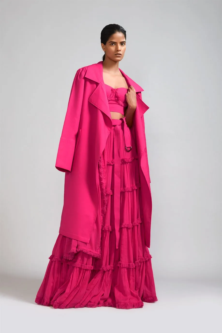 New Season Summer/Fall 2024-Coord Set Fringed Tiered Lehenga Jacket Cotton Pink-MT FR TR Jack Lehenga Coord Set-Pink 3pcs-Fashion Edit Mati