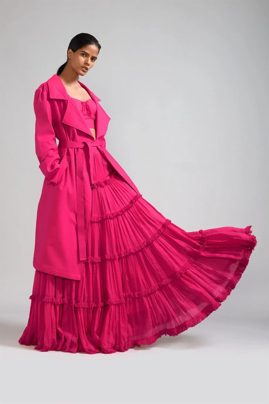 New Season Summer/Fall 2024-Coord Set Fringed Tiered Lehenga Jacket Cotton Pink-MT FR TR Jack Lehenga Coord Set-Pink 3pcs-Fashion Edit Mati