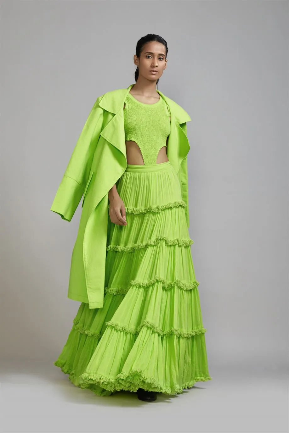 New Season Summer/Fall 2024-Coord Set Green Bodysuit-Lehenga-Jacket Cotton Neon-MT BS TR Jack Lehenga Coord Set-Neon Green 3pcs-Fashion Edit Mati