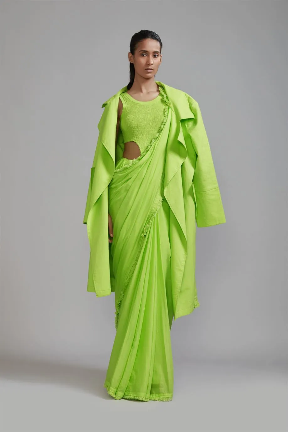 New Season Summer/Fall 2024-Coord Set Green Fringed Saree-Bodysuit-Jacket Cotton Neon-MT FR Jack Saree BS Coord Set-ML Neon Green 3pcs-Fashion Edit Mati