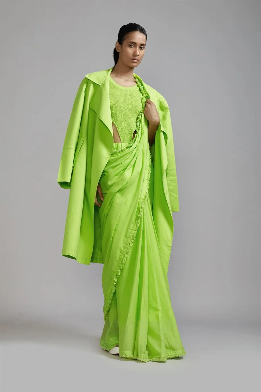 New Season Summer/Fall 2024-Coord Set Green Fringed Saree-Bodysuit-Jacket Cotton Neon-MT FR Jack Saree BS Coord Set-ML Neon Green 3pcs-Fashion Edit Mati