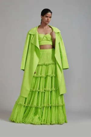 New Season Summer/Fall 2024-Coord Set Green Fringed Tiered Lehenga Jacket Cotton Neon-MT FR TR Jack Lehenga Coord Set-Neon Green 3pcs-Fashion Edit Mati