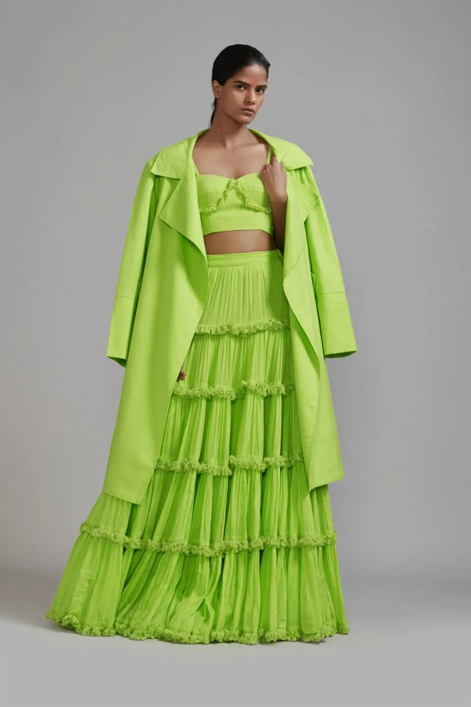New Season Summer/Fall 2024-Coord Set Green Fringed Tiered Lehenga Jacket Cotton Neon-MT FR TR Jack Lehenga Coord Set-Neon Green 3pcs-Fashion Edit Mati