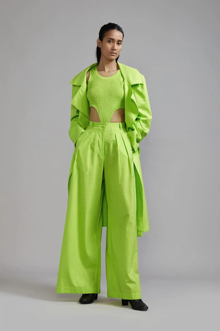 New Season Summer/Fall 2024-Coord Set Green Trench Jacket Cotton Neon-MT KA TR Jacket Coord Set-Neon Green 3pcs-Fashion Edit Mati