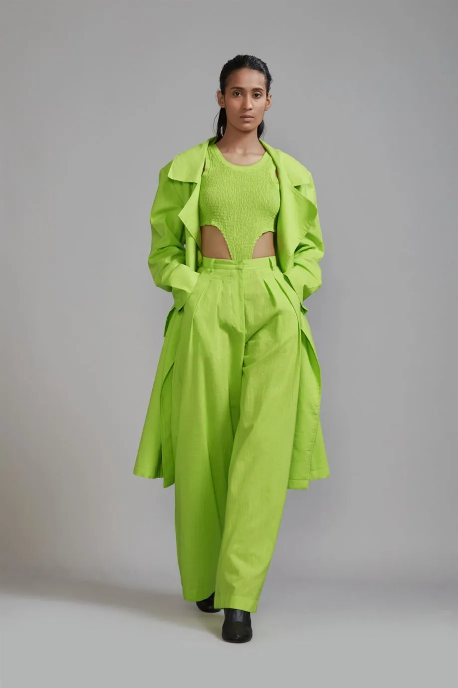 New Season Summer/Fall 2024-Coord Set Green Trench Jacket Cotton Neon-MT KA TR Jacket Coord Set-Neon Green 3pcs-Fashion Edit Mati