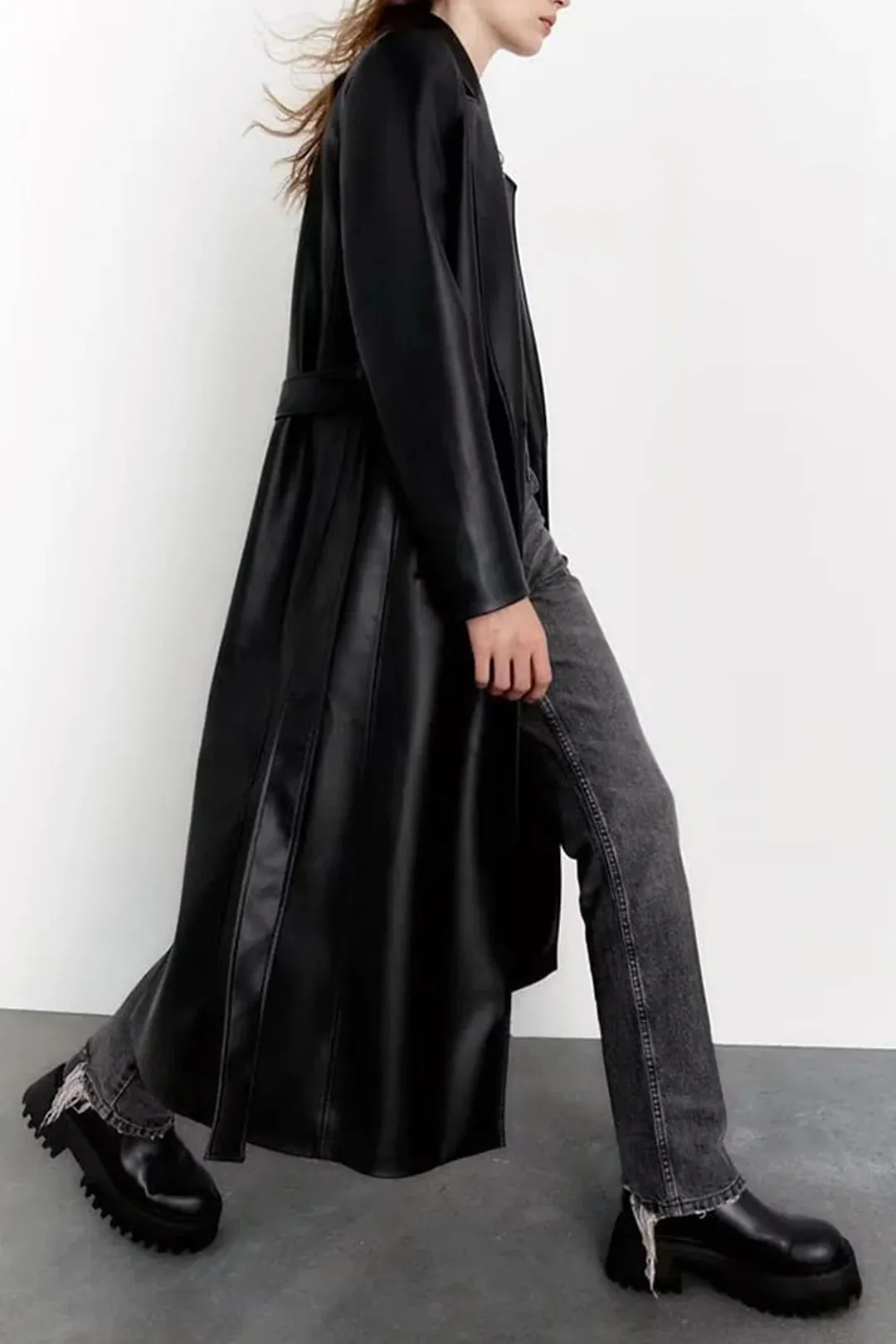 New with tags! Micas Women's Ultra Soft great quality Faux Leather Notched Lapel Belted Trench Coat, Black, Sz L Retails $85US 