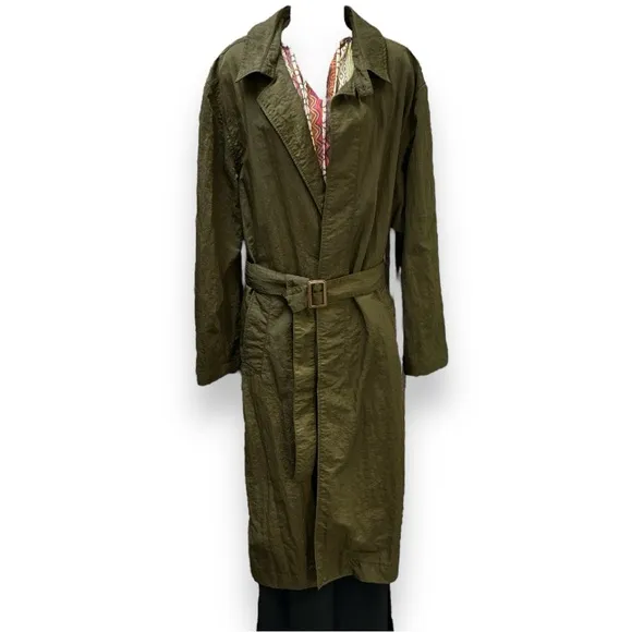 Nordstrom Womens Trench Rain Coat vintage XL olive green 90s Y2K textured belted