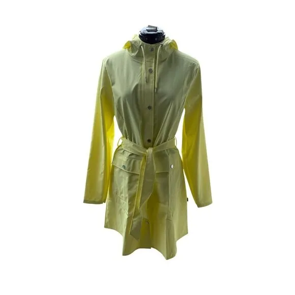 NWT RAINS Women's Curve Raincoat Yellow Zipper Snap Trench Belted Waterproof