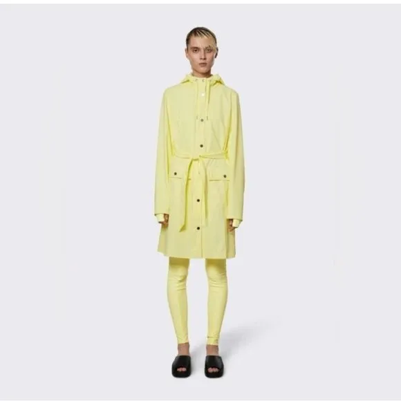 NWT RAINS Women's Curve Raincoat Yellow Zipper Snap Trench Belted Waterproof