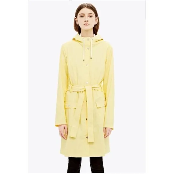 NWT RAINS Women's Curve Raincoat Yellow Zipper Snap Trench Belted Waterproof