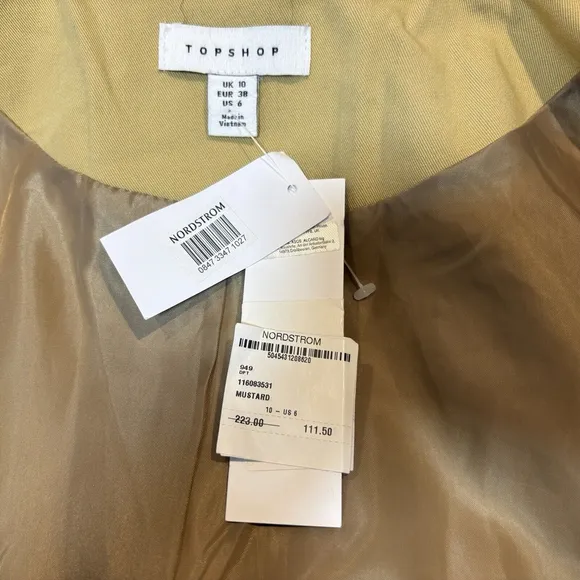 NWT Topshop Trench Coat Double Breasted Belted Sand Mustard Sz. 10