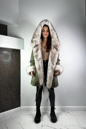 Parka Baltic Classic Olive with White-black Artic fur and lining Rex rabbit fur for women 95 cm