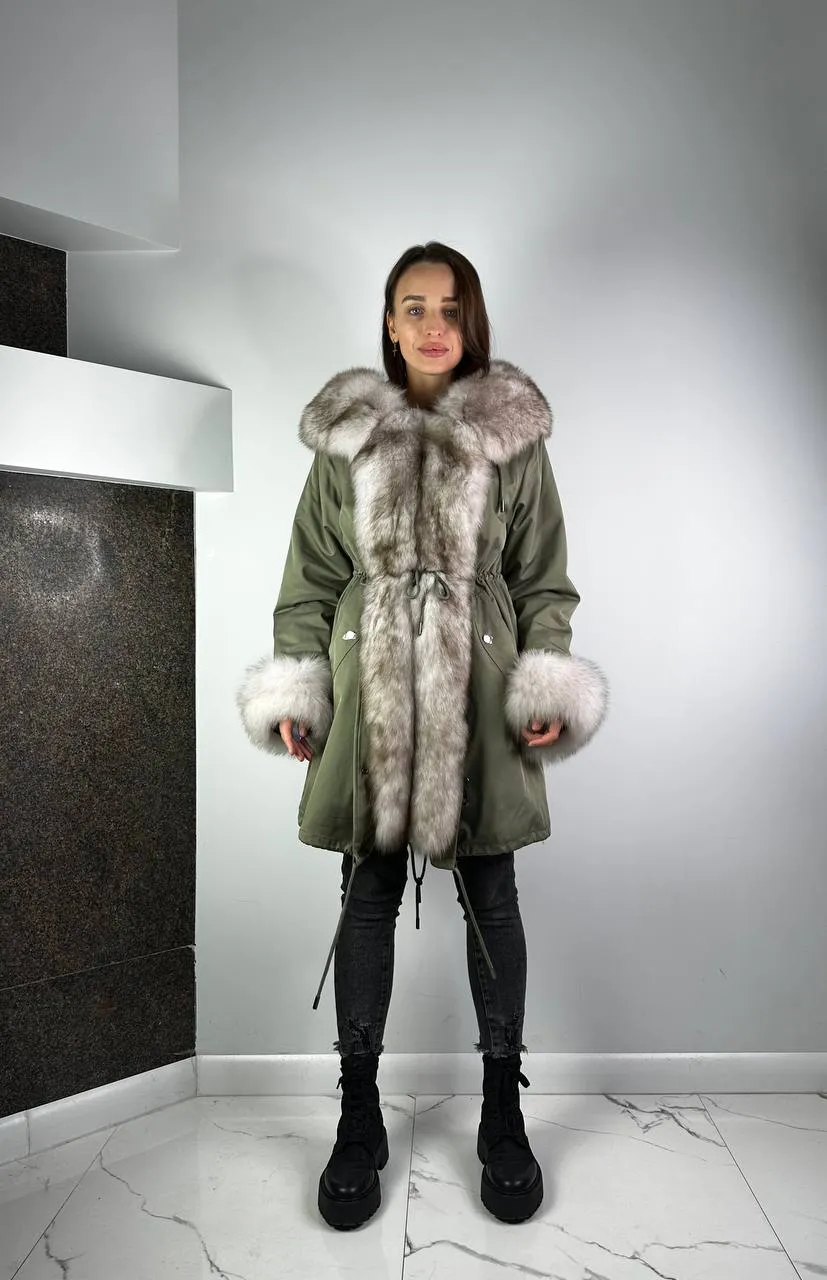Parka Baltic Classic Olive with White-black Artic fur and lining Rex rabbit fur for women 95 cm