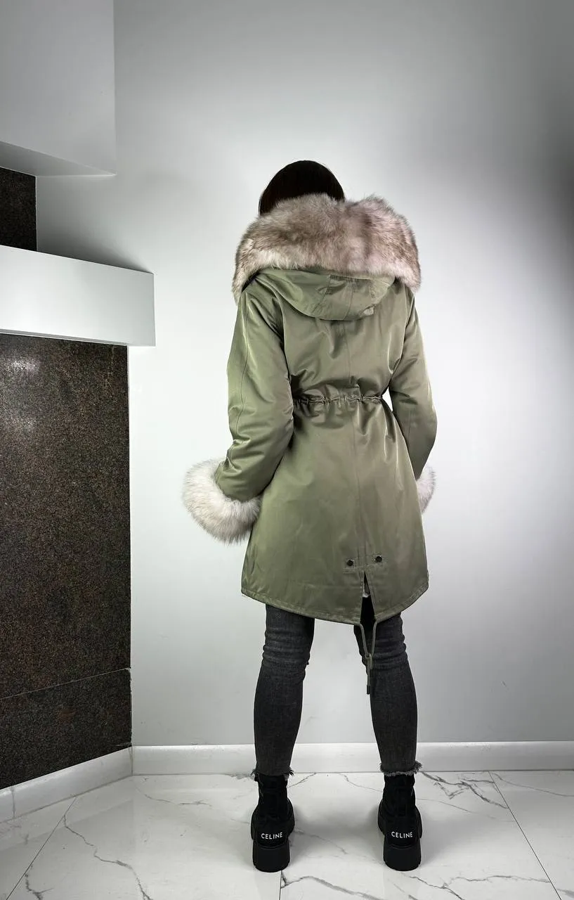 Parka Baltic Classic Olive with White-black Artic fur and lining Rex rabbit fur for women 95 cm