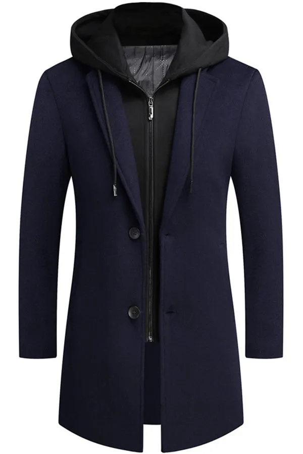 Removable hat, medium long casual woolen coat