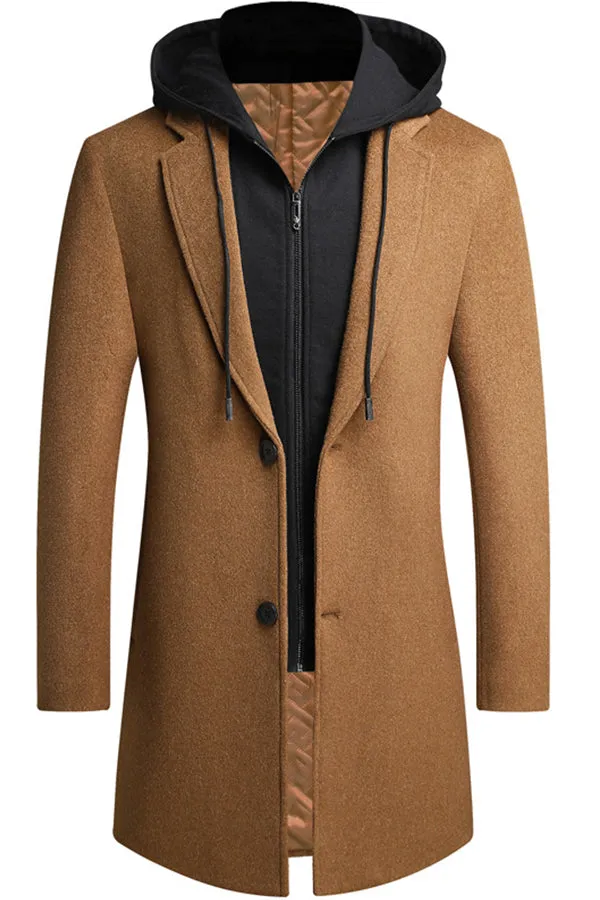 Removable hat, medium long casual woolen coat