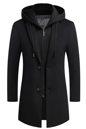 Removable hat, medium long casual woolen coat
