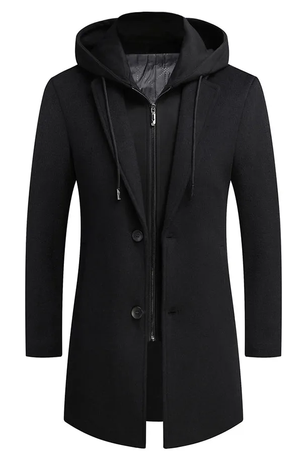 Removable hat, medium long casual woolen coat