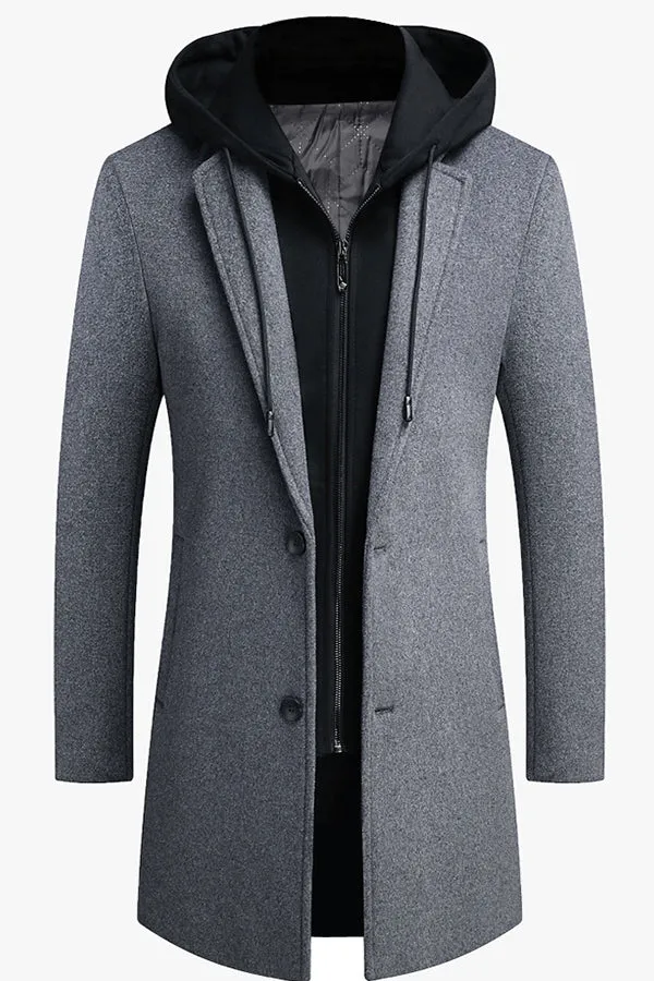 Removable hat, medium long casual woolen coat