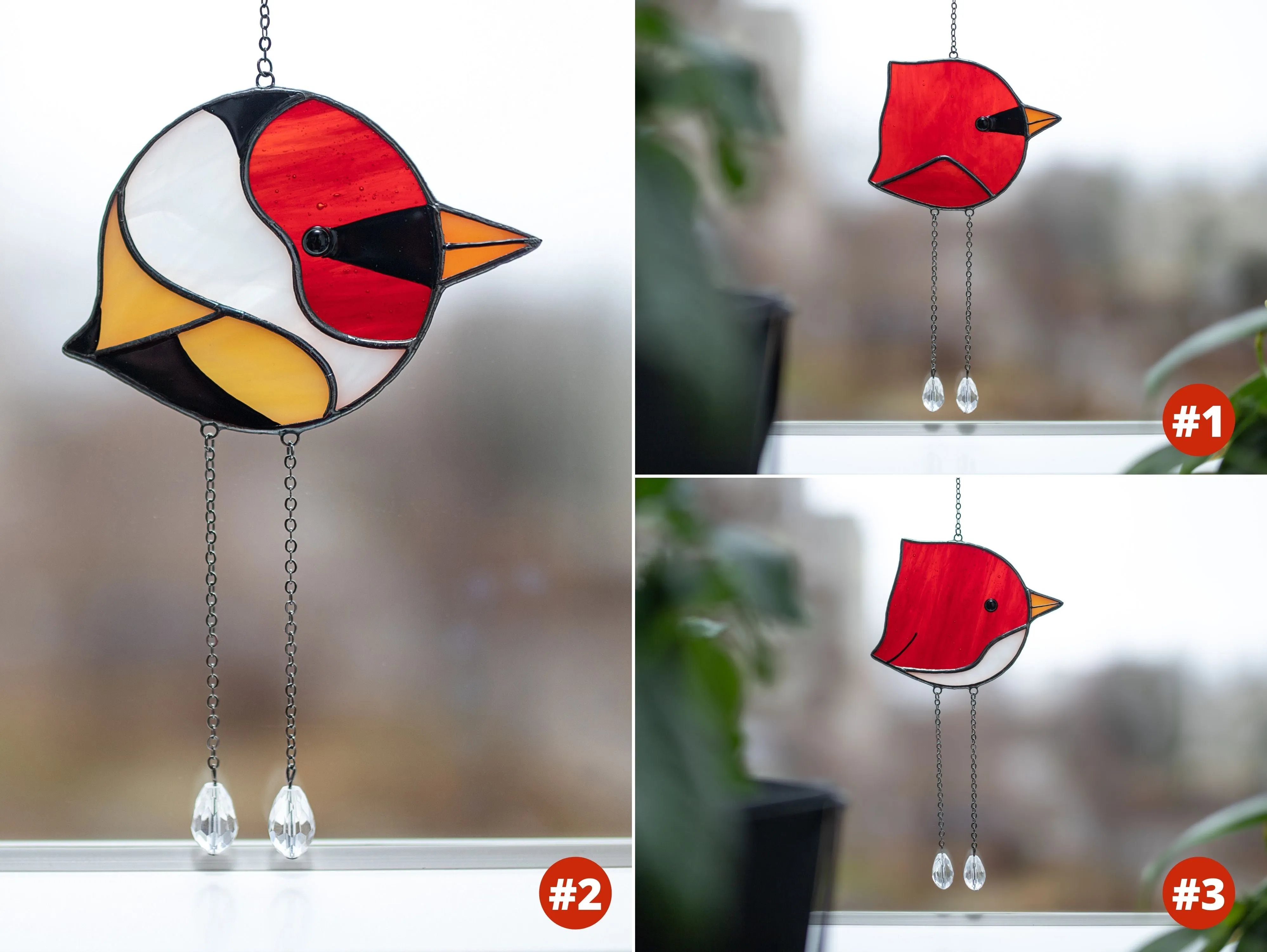 Round Bird Stained glass window hangings, Bird window decor