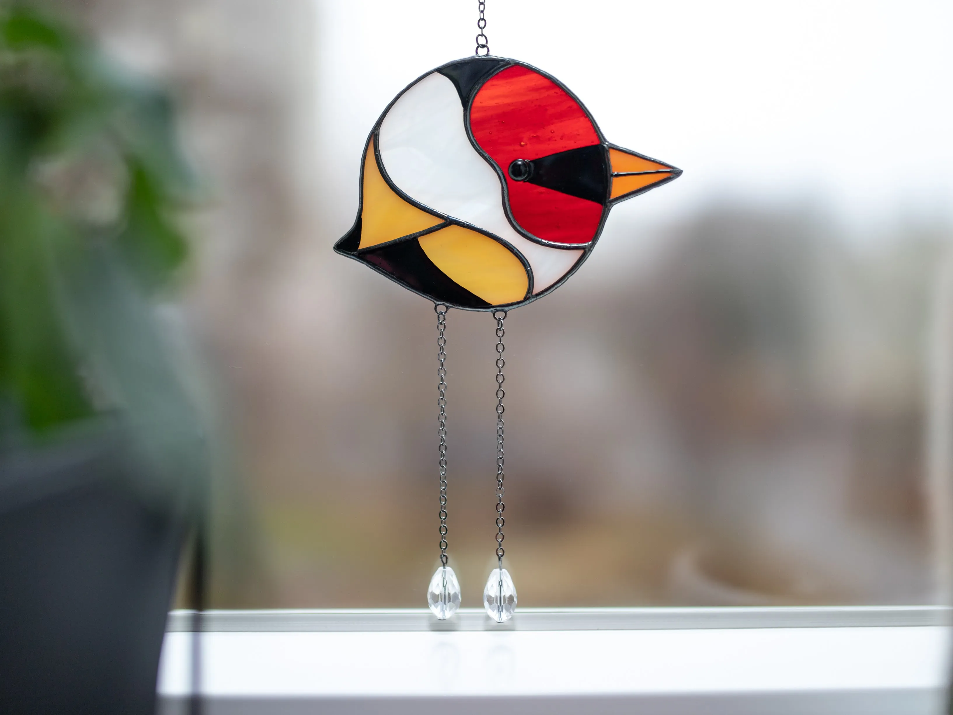 Round Bird Stained glass window hangings, Bird window decor