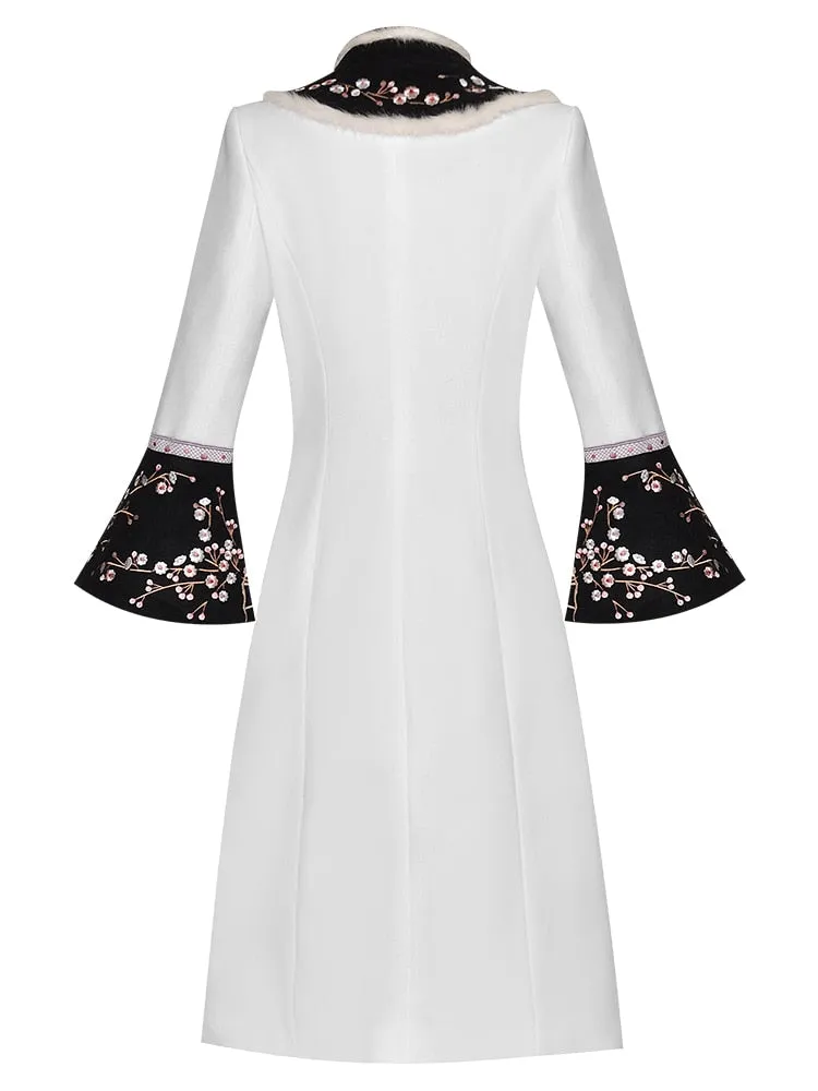 Runway Women Autumn Rabbit Hair Collar Flower Embroidery Long Sleeve Single Breasted Woolen Overcoat Outwear New