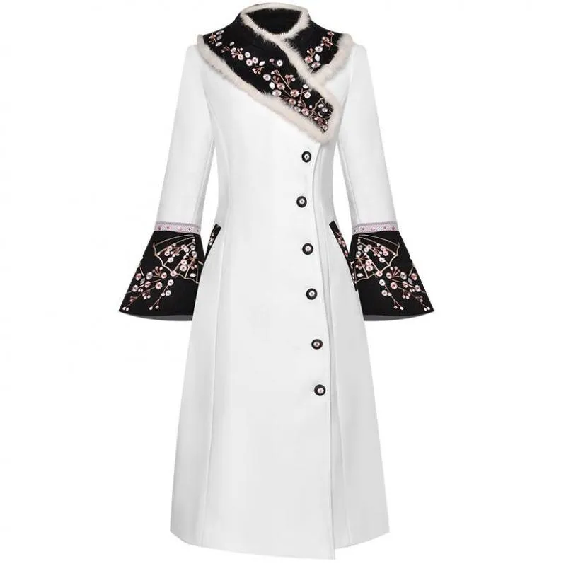 Runway Women Autumn Rabbit Hair Collar Flower Embroidery Long Sleeve Single Breasted Woolen Overcoat Outwear New