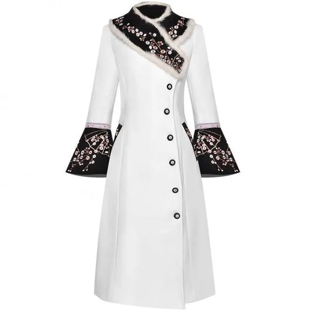 Runway Women Autumn Rabbit Hair Collar Flower Embroidery Long Sleeve Single Breasted Woolen Overcoat Outwear New