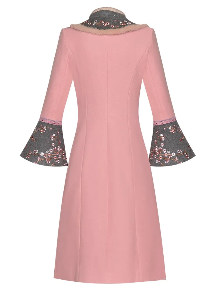 Runway Women Autumn Rabbit Hair Collar Flower Embroidery Long Sleeve Single Breasted Woolen Overcoat Outwear New