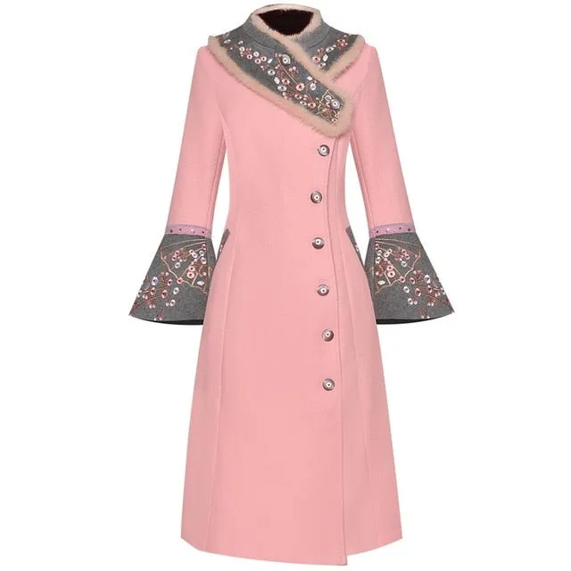 Runway Women Autumn Rabbit Hair Collar Flower Embroidery Long Sleeve Single Breasted Woolen Overcoat Outwear New