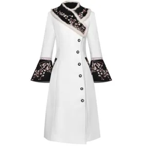 Runway Women Autumn Rabbit Hair Collar Flower Embroidery Long Sleeve Single Breasted Woolen Overcoat Outwear New