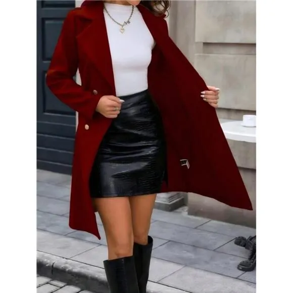 Solid Color Double-breasted Mid-length Woolen Coat