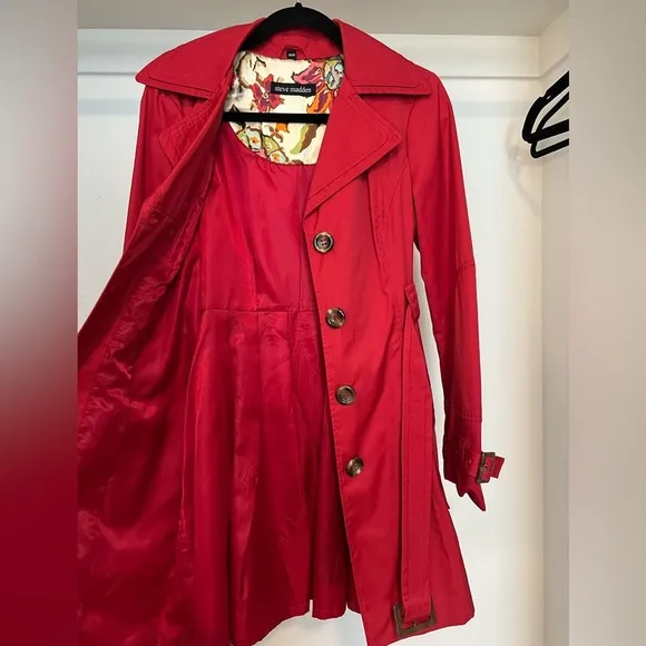 Steve Madden Collared Long Sleeve Belted Double Breasted Trench Coat Red Medium